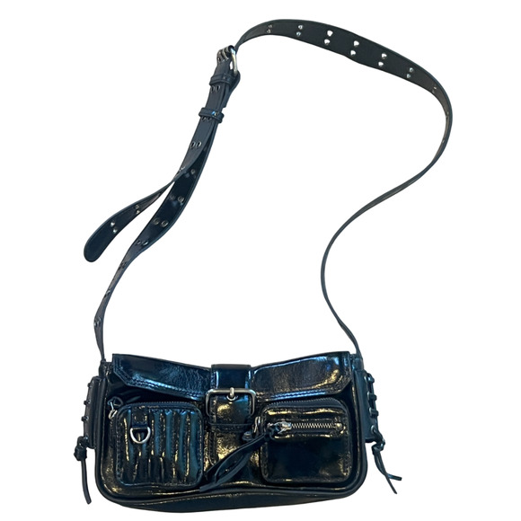 FREE PEOPLE BLACK LEATHER HIGH SPEED LACE UP SIDES GROMMET DETAILS CROSSBODY BAG - Picture 8 of 16